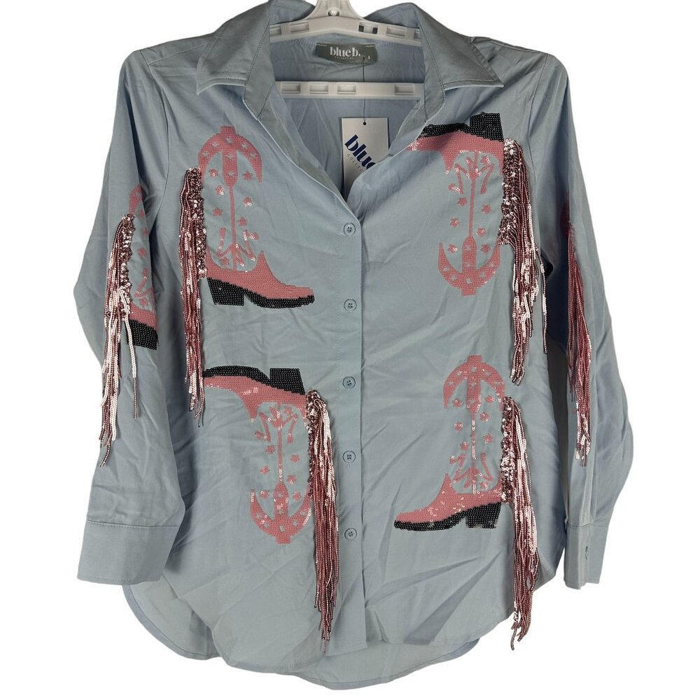 Blue B. Collection Womens Baby Blue & Pink Sequin Fringe Cowboy Boot Shirt Sz S